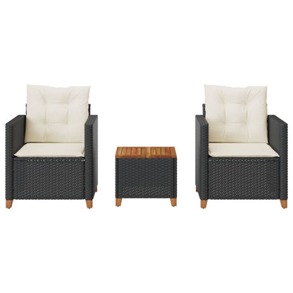 Set Da Bistrò 3 Pz Con Cuscini Nero Polyrattan E Legno Acacia