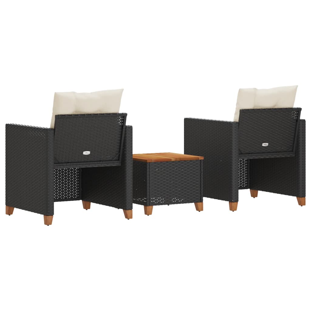 Set Da Bistrò 3 Pz Con Cuscini Nero Polyrattan E Legno Acacia