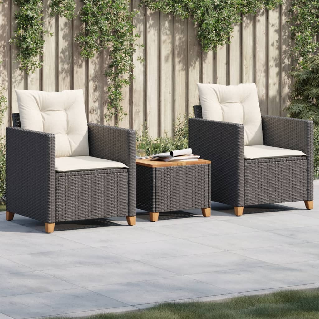 Set Da Bistrò 3 Pz Con Cuscini Nero Polyrattan E Legno Acacia