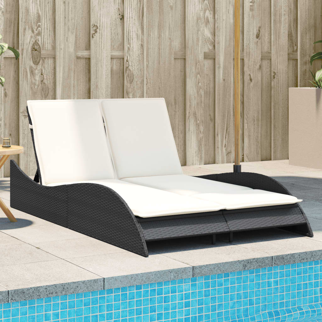 Lettino Prendisole Con Cuscini Nero 114x205x73 Cm In Polyrattan