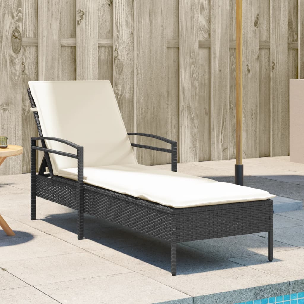 Lettino Prendisole Con Cuscino Nero 63x200x81 Cm In Polyrattan