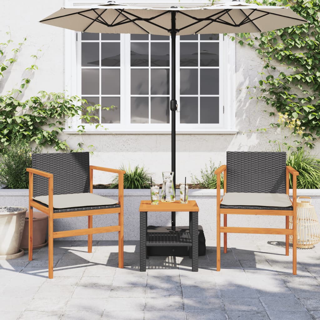 Sedie Giardino Con Cuscini 2pz Nere Polyrattan E Legno Massello