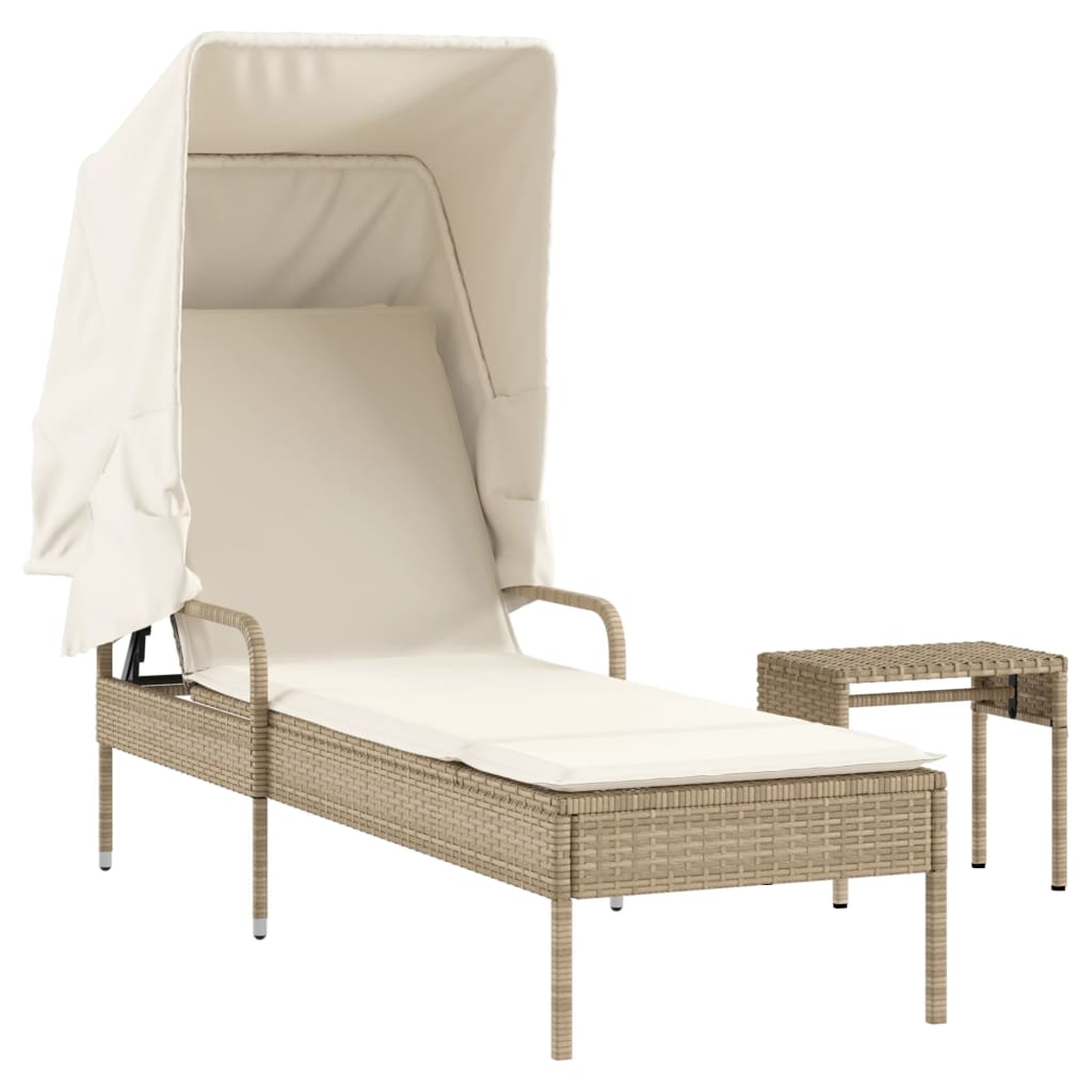 Lettino Prendisole Con Baldacchino E Tavolino Beige Polyrattan