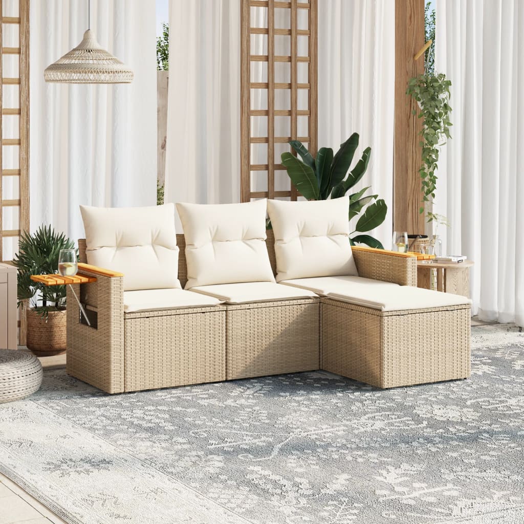 Set Divano Da Giardino 4 Pz Con Cuscini Beige In Polyrattan