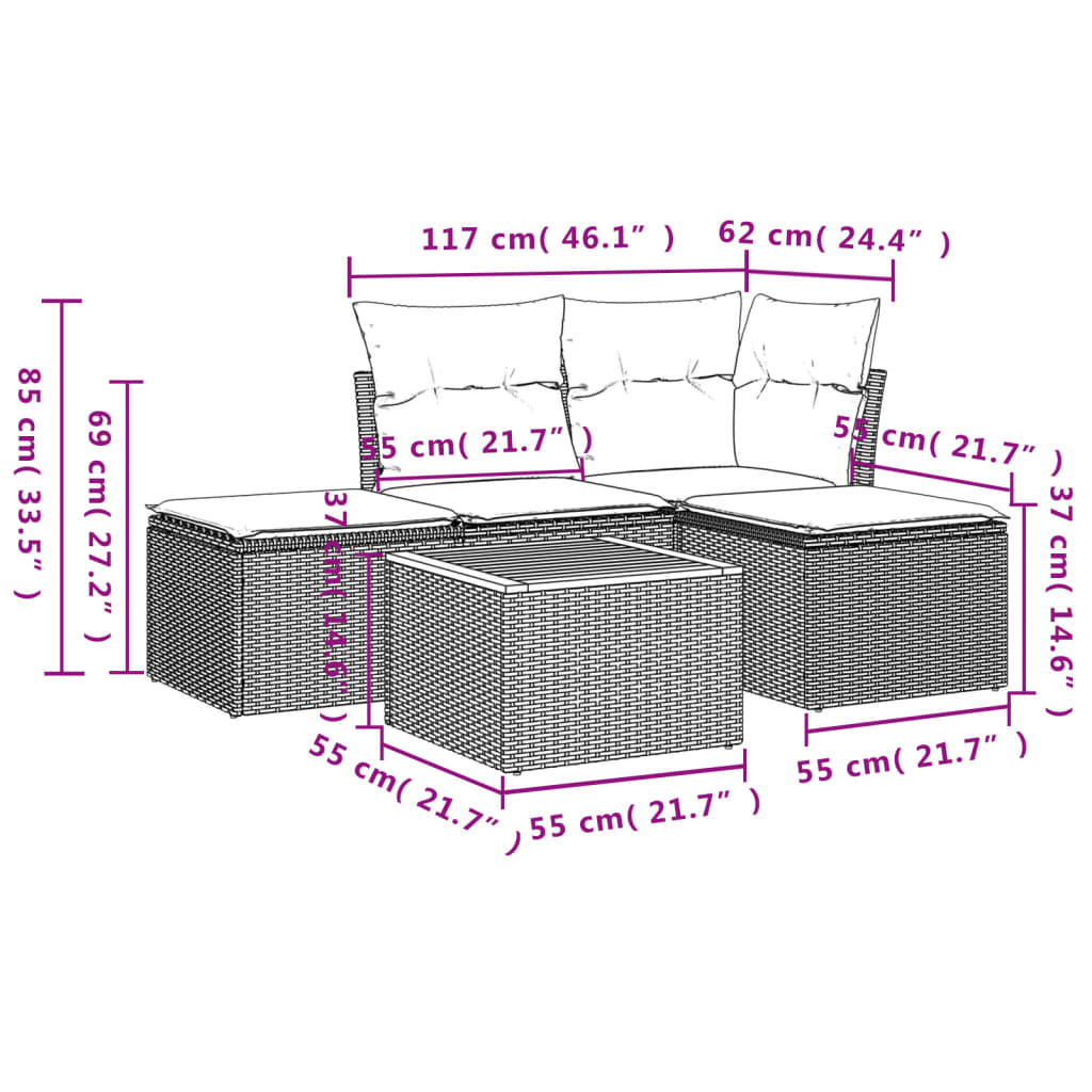 Set Divano Da Giardino 5 Pz Con Cuscini Grigio In Polyrattan