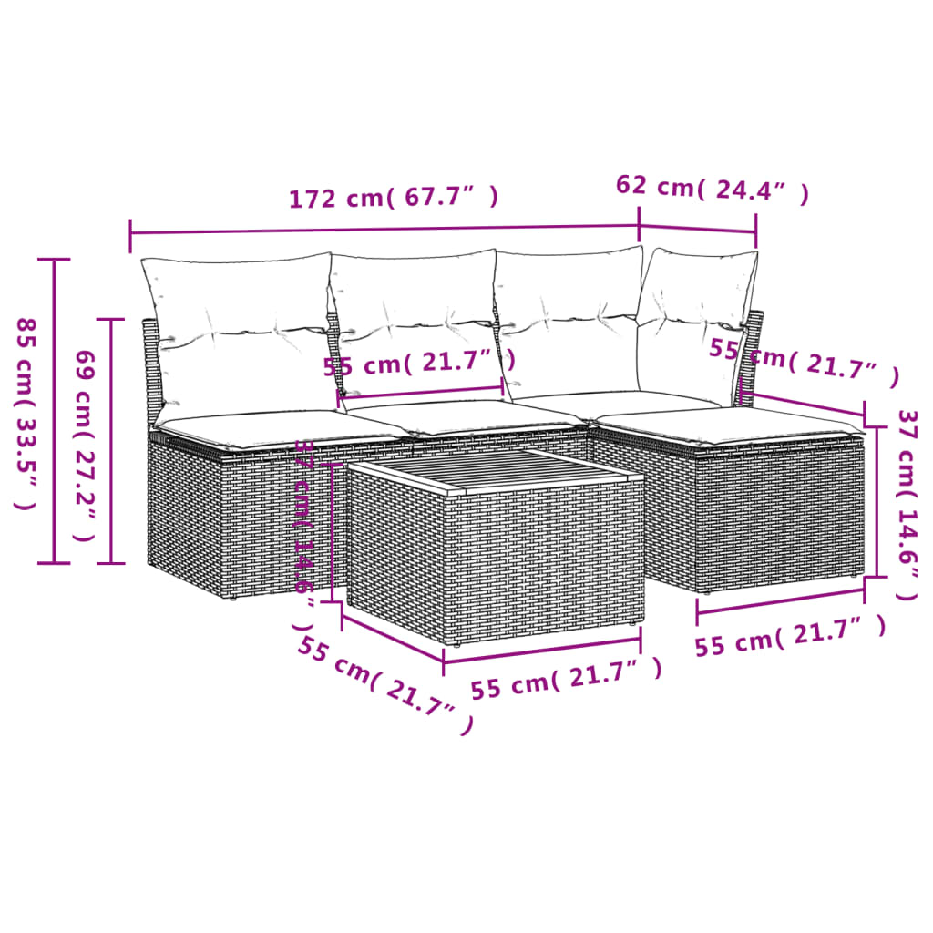 Set Divano Da Giardino 5 Pz Con Cuscini Grigio In Polyrattan