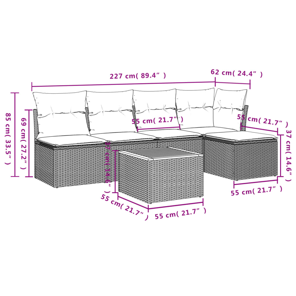 Set Divano Da Giardino 6 Pz Con Cuscini Nero In Polyrattan