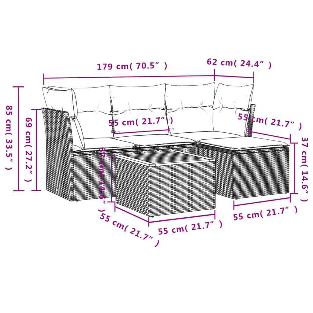 Set Divano Da Giardino 5 Pz Con Cuscini Beige In Polyrattan