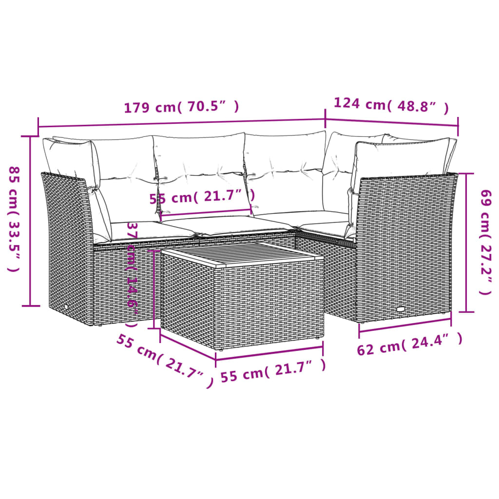 Set Divano Da Giardino 5 Pz Con Cuscini Grigio In Polyrattan