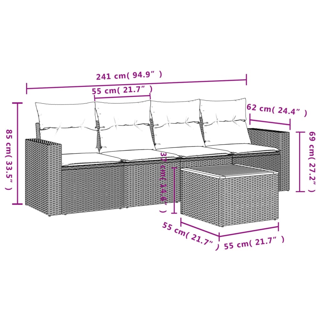 Set Divano Da Giardino 5 Pz Con Cuscini Grigio In Polyrattan