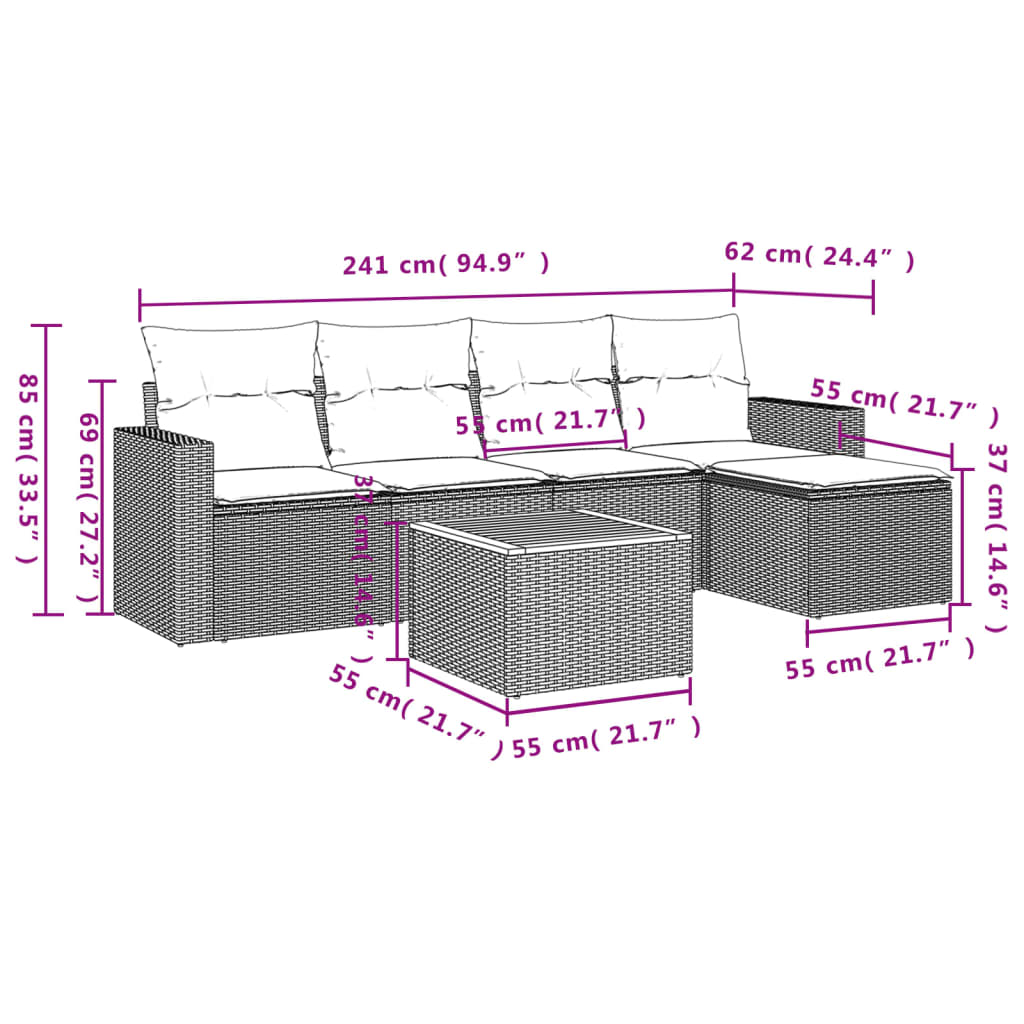 Set Divano Da Giardino 6 Pz Con Cuscini Nero In Polyrattan