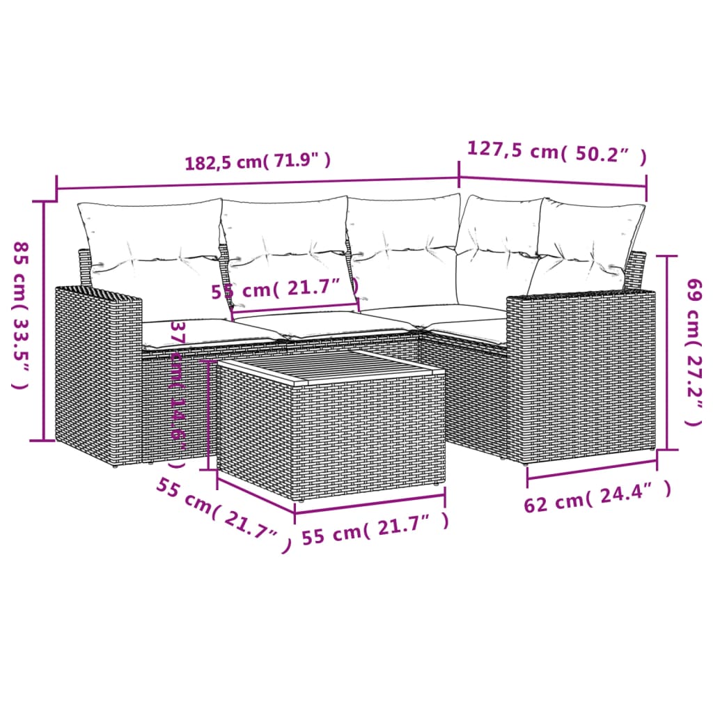 Set Divano Da Giardino 5 Pz Con Cuscini Grigio In Polyrattan