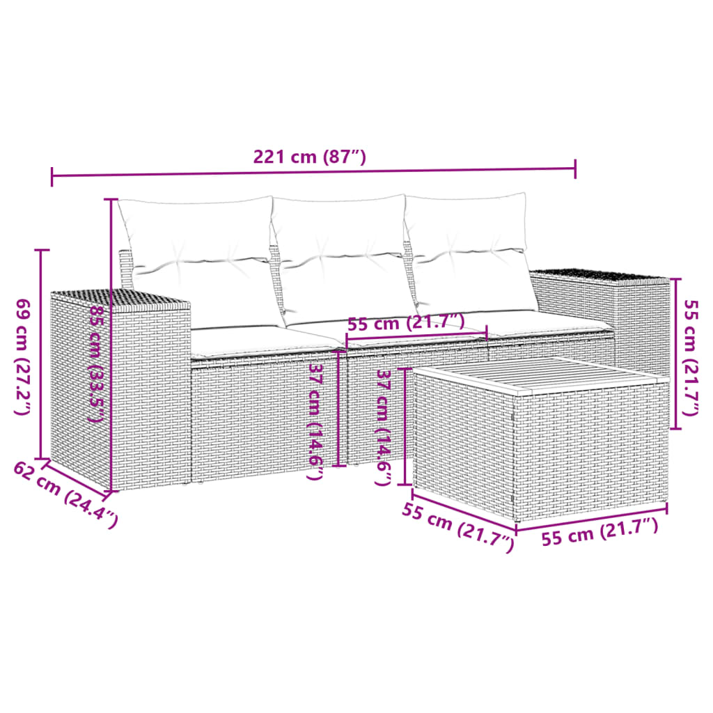 Set Divano Da Giardino 4 Pz Con Cuscini Beige In Polyrattan