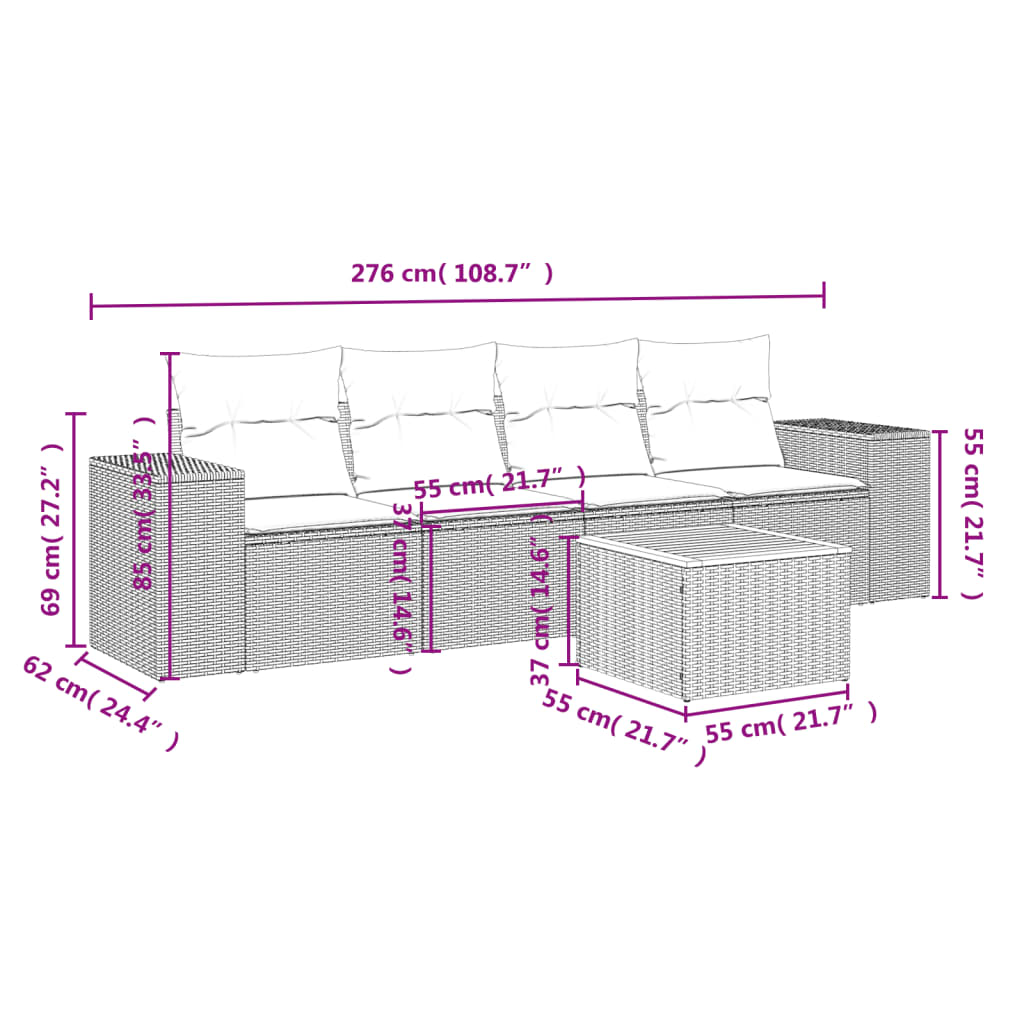 Set Divano Da Giardino 5 Pz Con Cuscini Grigio In Polyrattan