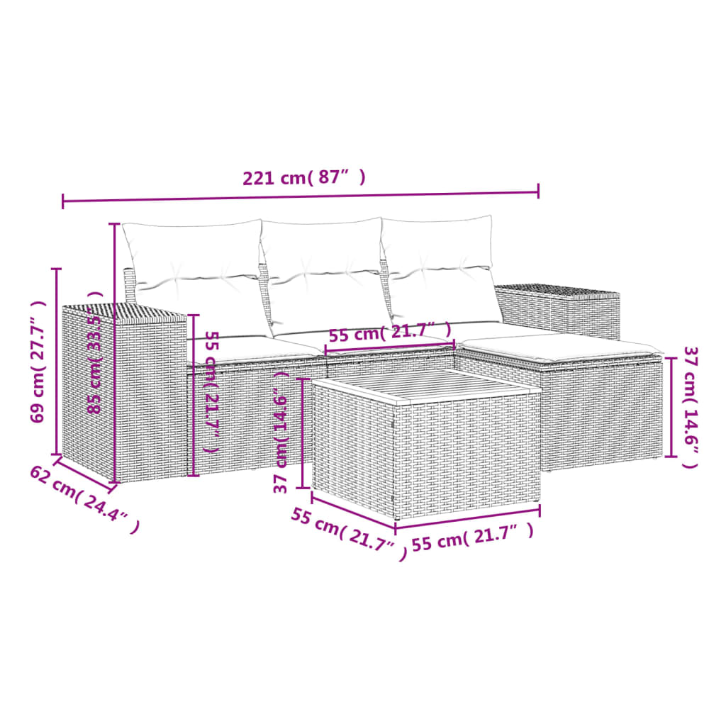 Set Divano Da Giardino 5 Pz Con Cuscini Grigio In Polyrattan