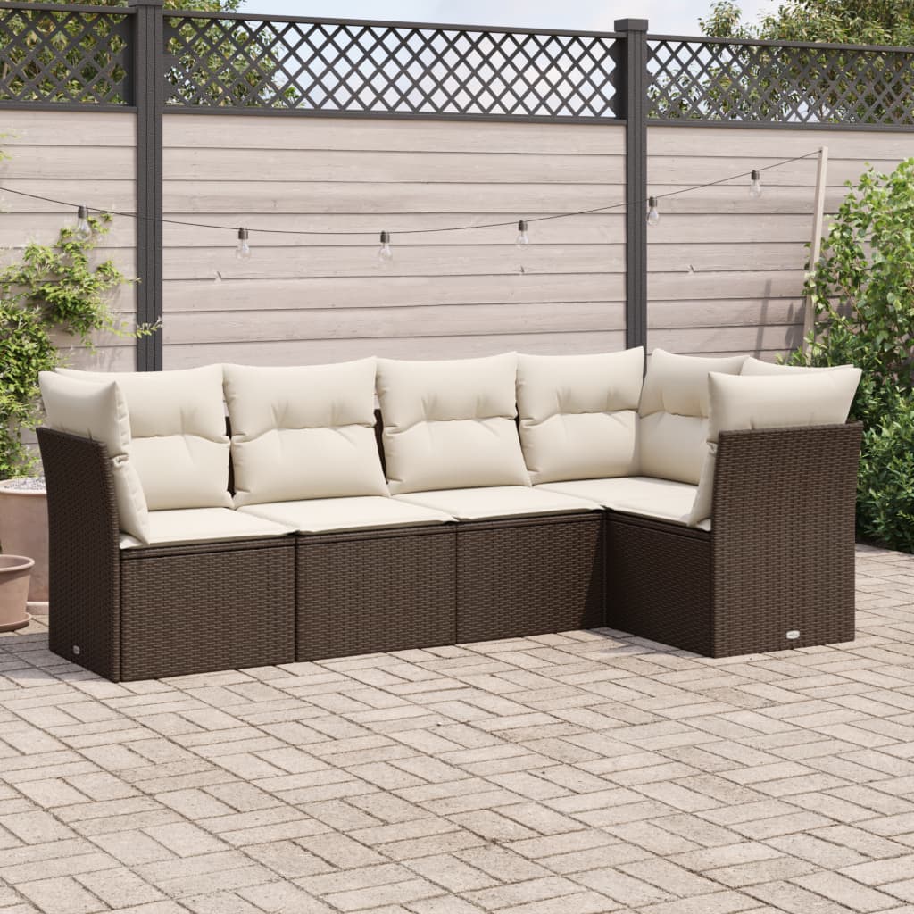 Set Divano Da Giardino 5 Pz Con Cuscini Marrone In Polyrattan