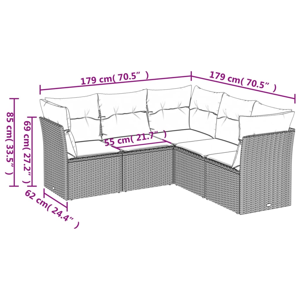 Set Divano Da Giardino 5 Pz Con Cuscini Grigio In Polyrattan