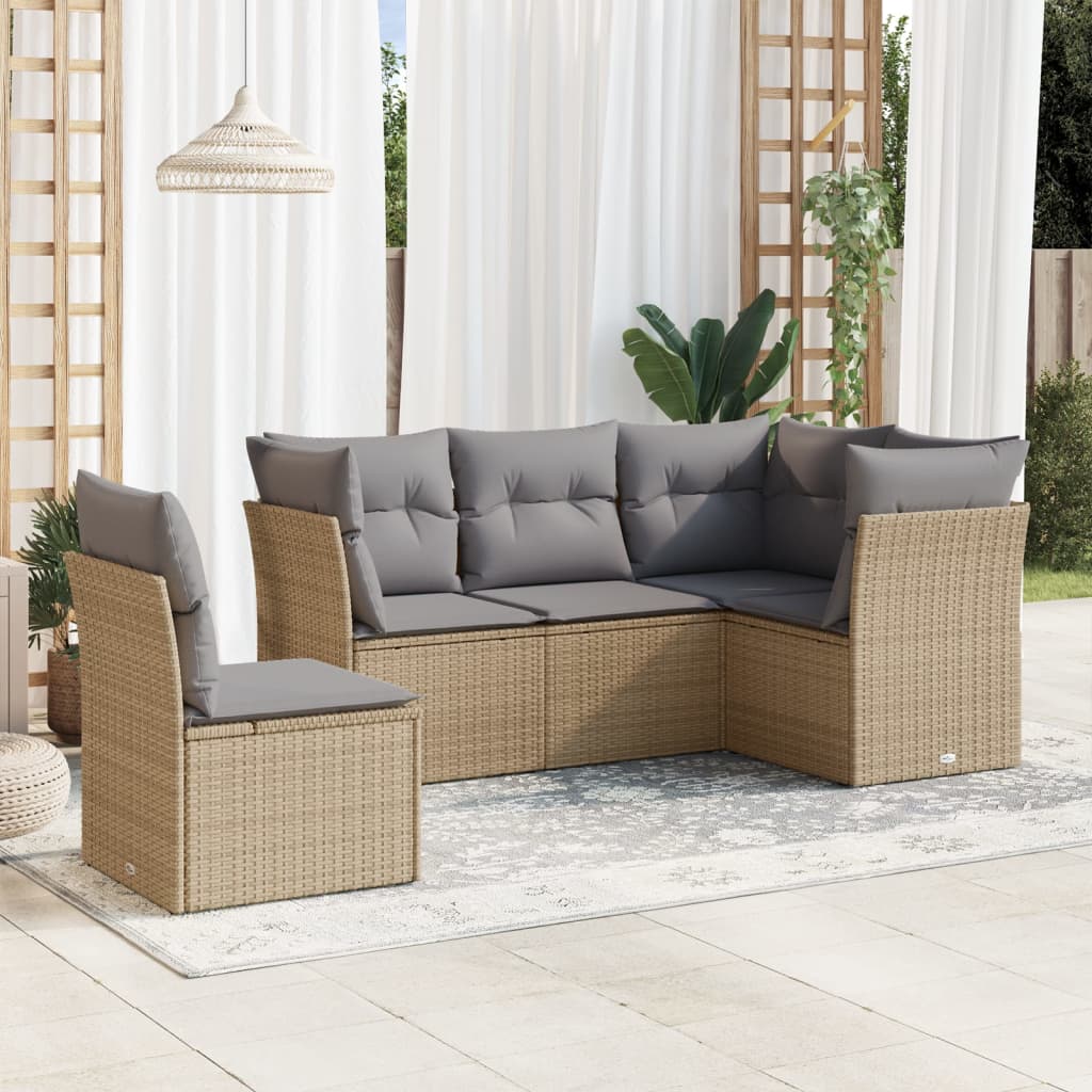 Set Divano Da Giardino 5 Pz Con Cuscini Beige In Polyrattan