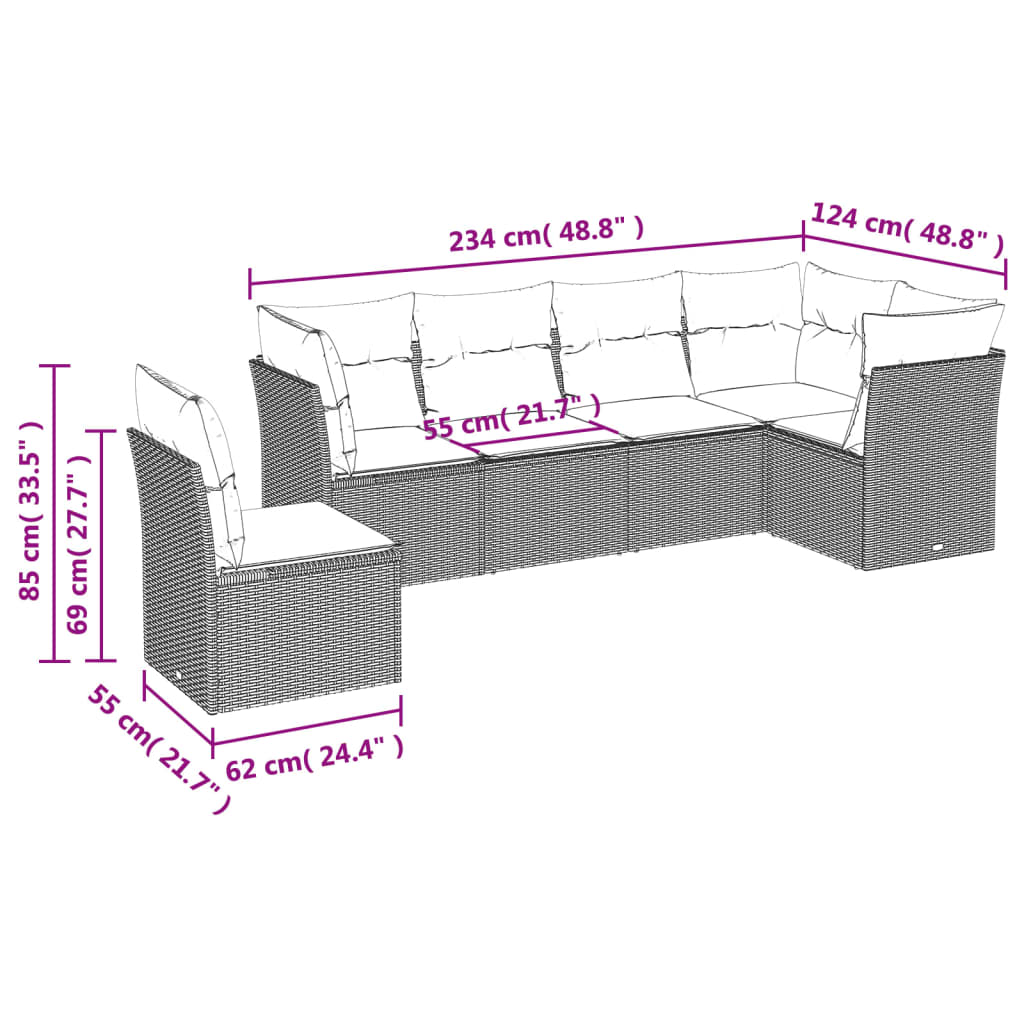 Set Divano Da Giardino 6 Pz Con Cuscini Marrone In Polyrattan