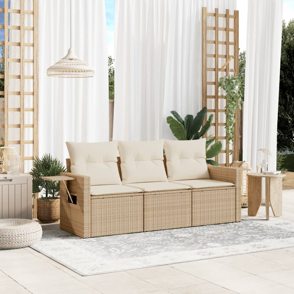 Set Divano Da Giardino 3 Pz Con Cuscini Beige In Polyrattan