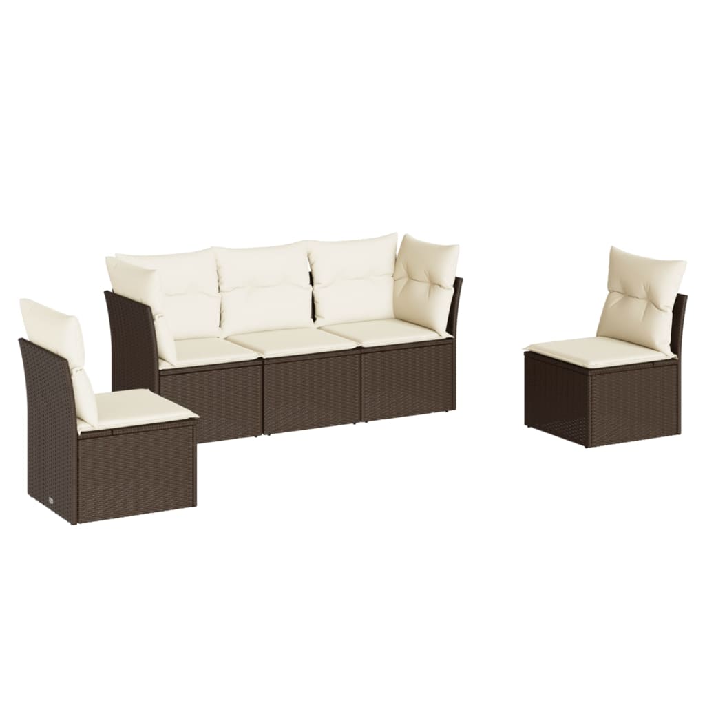 Set Divano Da Giardino 5 Pz Con Cuscini Marrone In Polyrattan