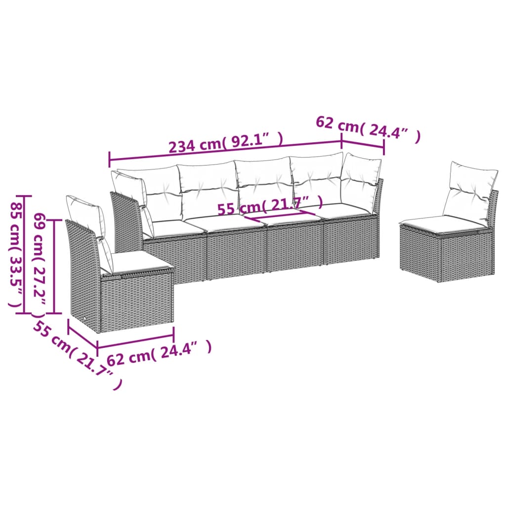 Set Divano Da Giardino 6 Pz Con Cuscini Nero In Polyrattan