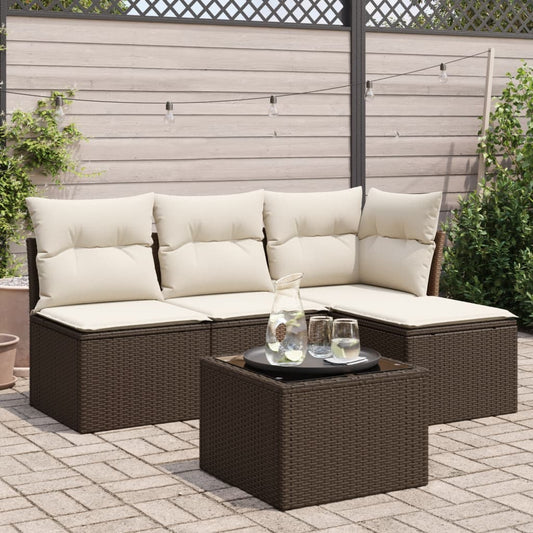 Set Divano Da Giardino 5 Pz Con Cuscini Marrone In Polyrattan