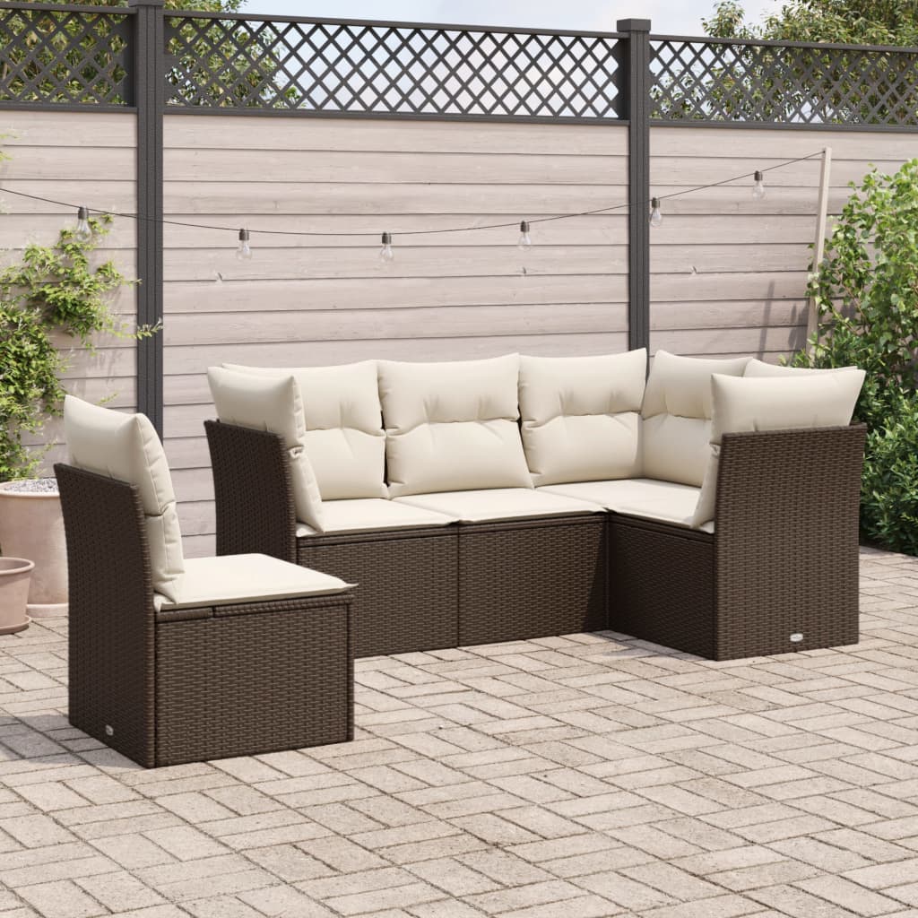 Set Divano Da Giardino 5 Pz Con Cuscini Marrone In Polyrattan