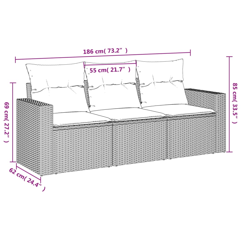 Set Divani Da Giardino 3 Pz Con Cuscini In Polyrattan Nero