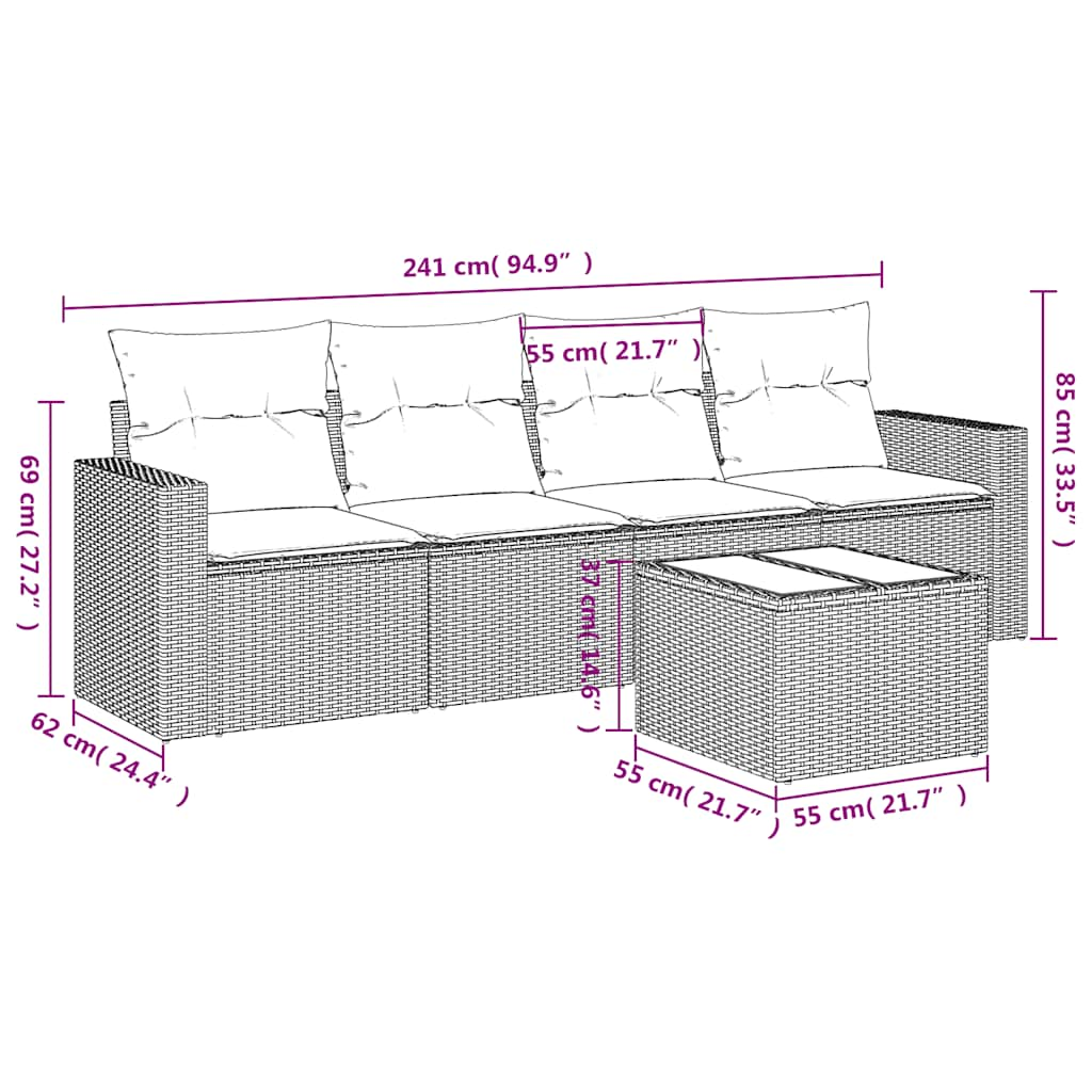 Set Divano Da Giardino 5pz Con Cuscini Grigio Chiaro Polyrattan