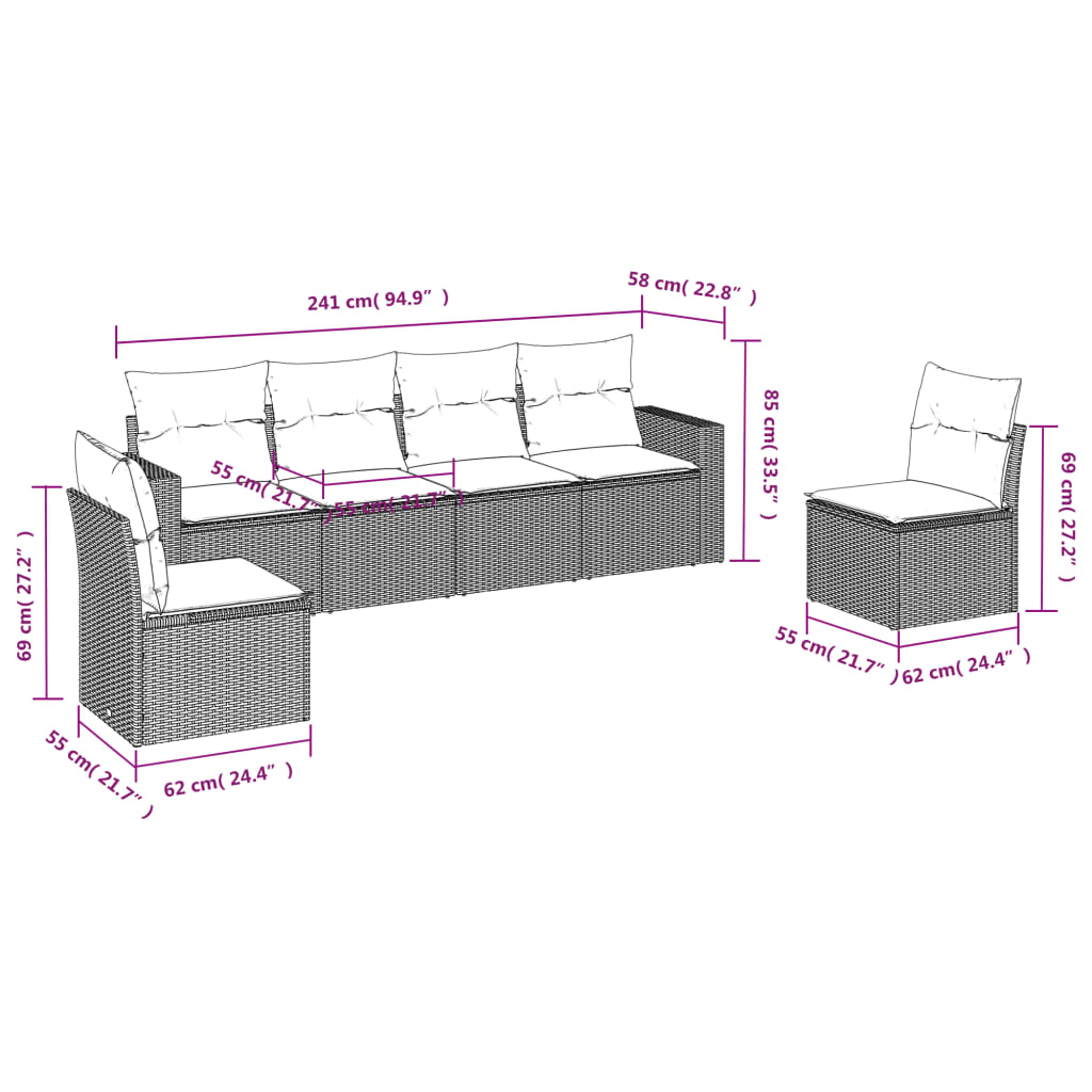 Set Divano Da Giardino 6 Pz Con Cuscini Grigio In Polyrattan