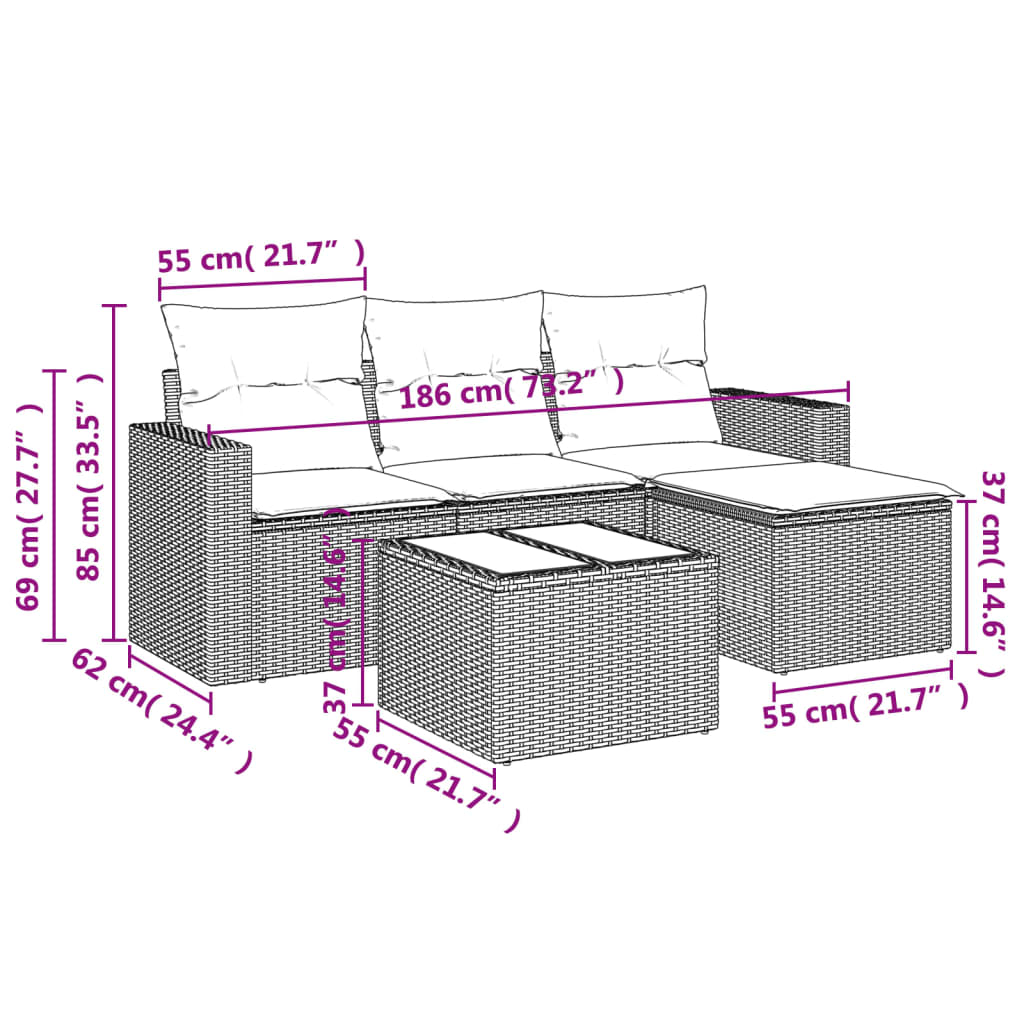 Set Divano Da Giardino 5 Pz Con Cuscini Grigio In Polyrattan