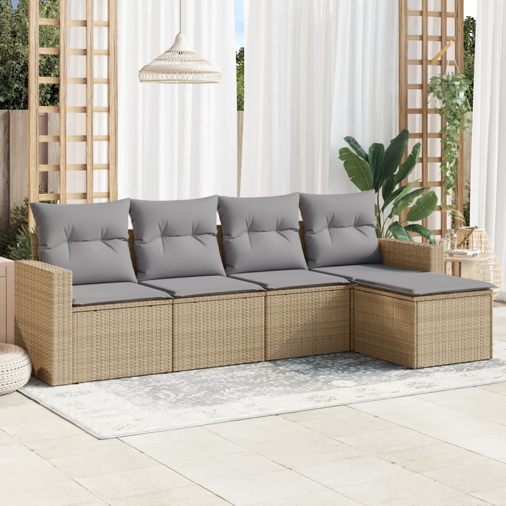 Set Divano Da Giardino 5 Pz Con Cuscini Beige In Polyrattan