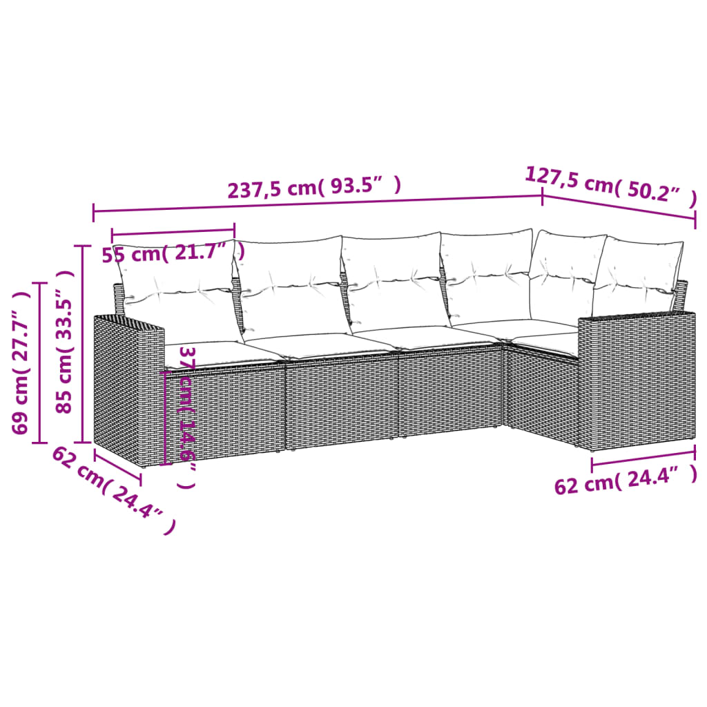 Set Divano Da Giardino 5 Pz Con Cuscini Beige In Polyrattan