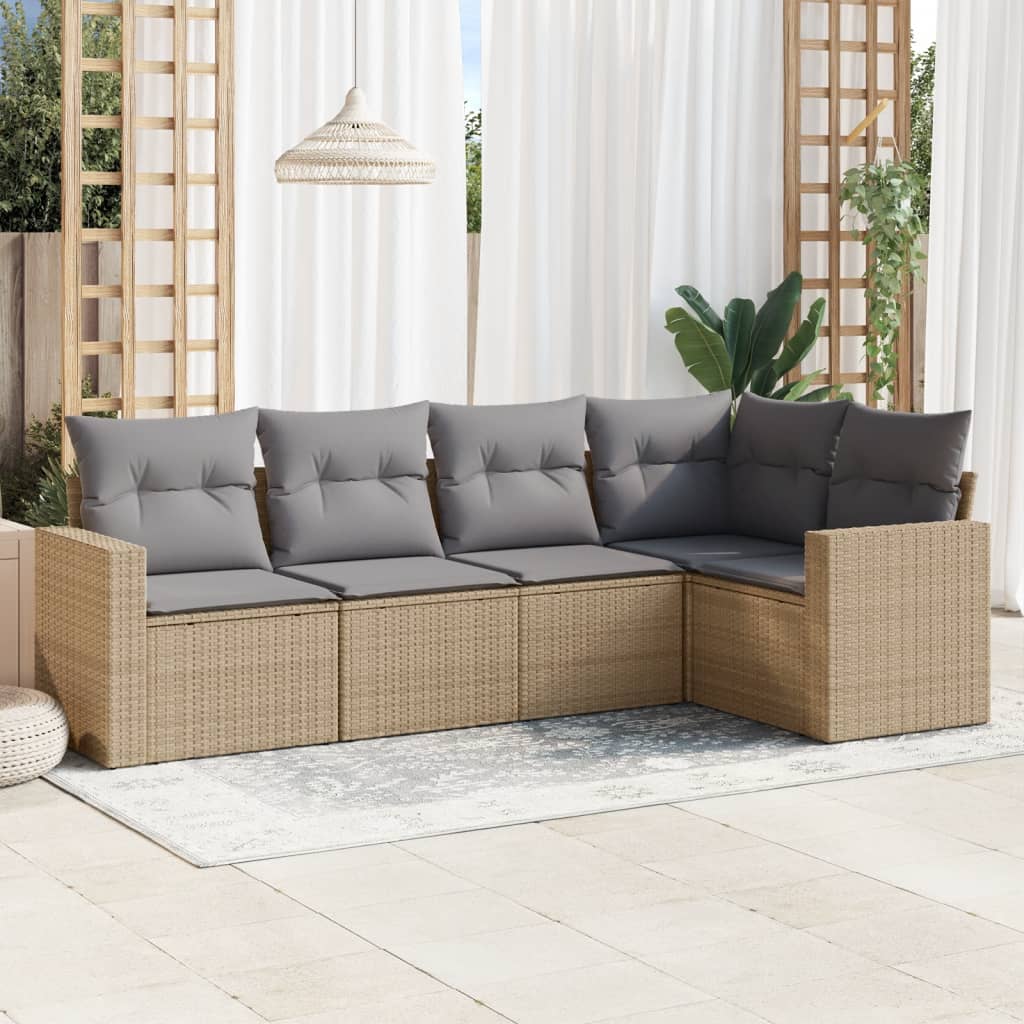 Set Divano Da Giardino 5 Pz Con Cuscini Beige In Polyrattan