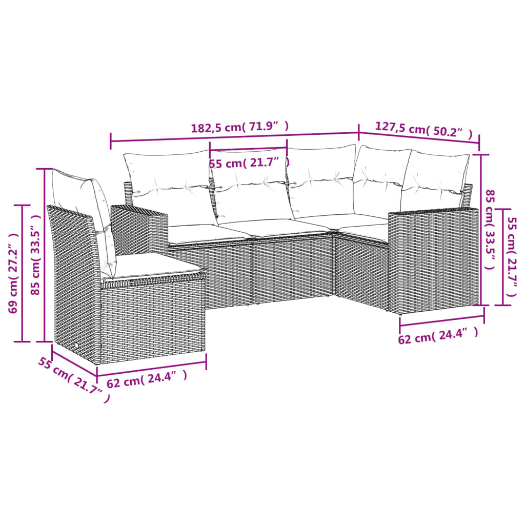 Set Divano Da Giardino 5 Pz Con Cuscini Marrone In Polyrattan