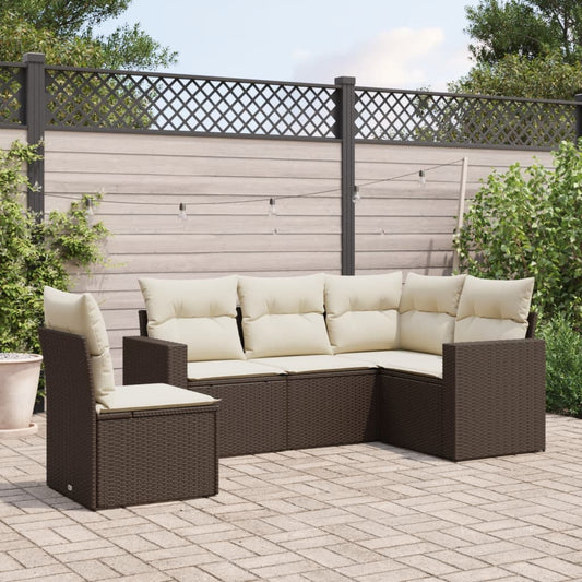 Set Divano Da Giardino 5 Pz Con Cuscini Marrone In Polyrattan