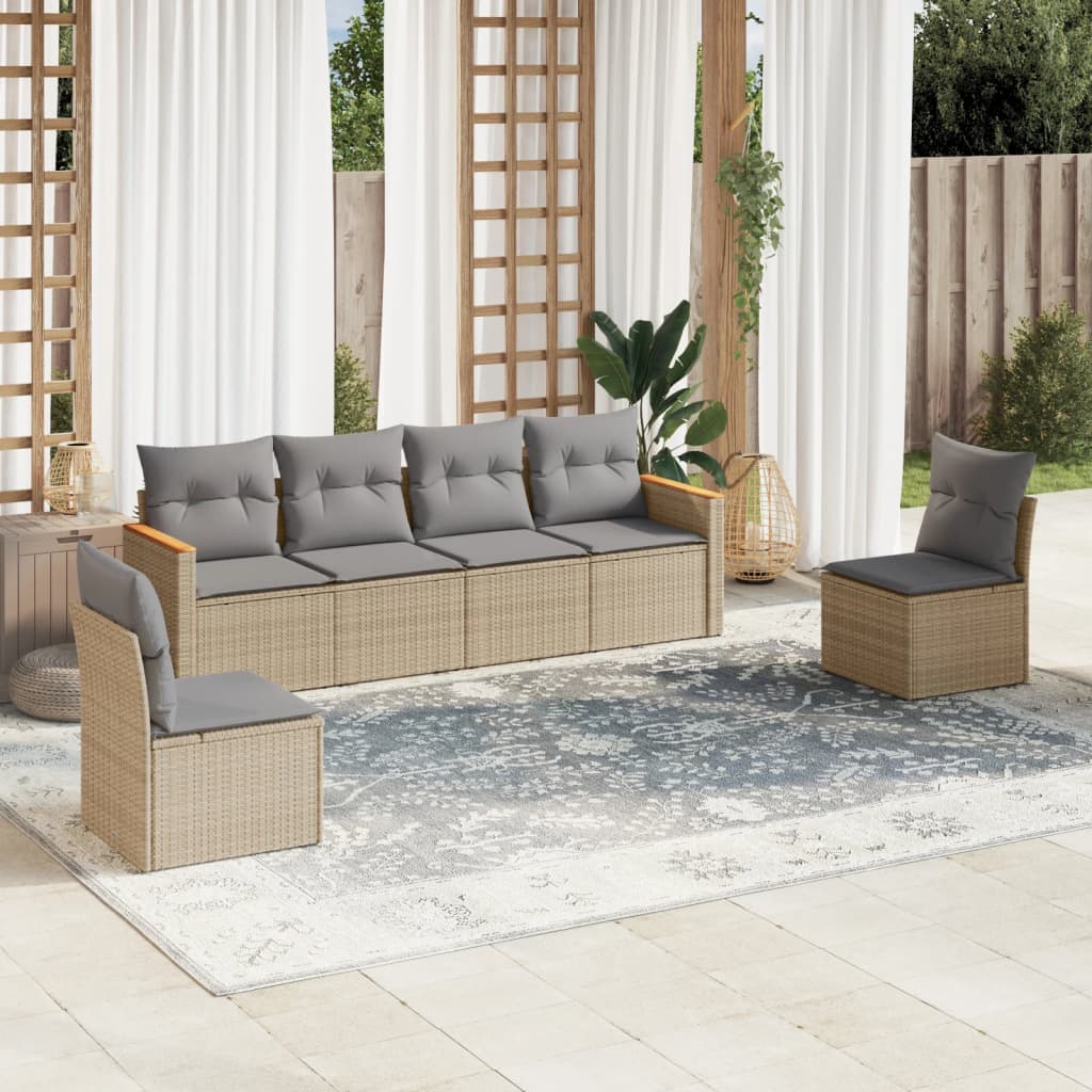 Set Divano Da Giardino 6 Pz Con Cuscini Beige Misto Polyrattan