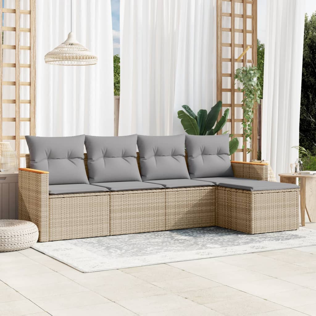 Set Divano Da Giardino 5 Pz Con Cuscini Beige Misto Polyrattan