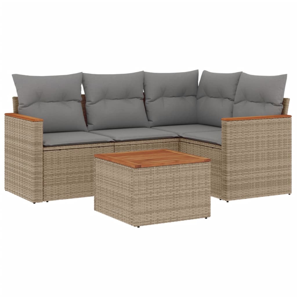 Set Divano Da Giardino 5 Pz Con Cuscini Beige Misto Polyrattan