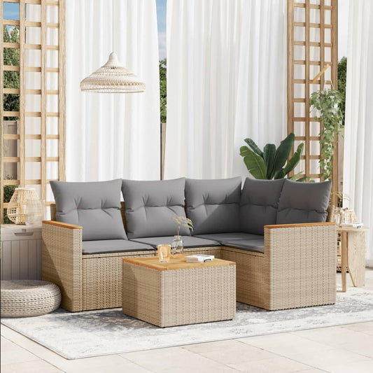 Set Divano Da Giardino 5 Pz Con Cuscini Beige Misto Polyrattan