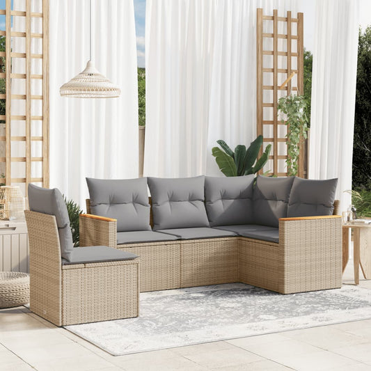 Set Divano Da Giardino 5 Pz Con Cuscini Beige Misto Polyrattan