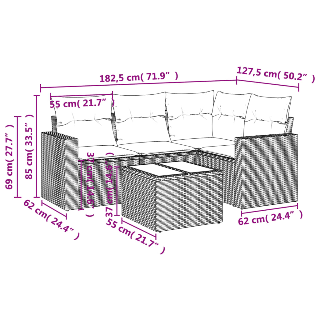 Set Divano Da Giardino 5 Pz Con Cuscini Grigio In Polyrattan