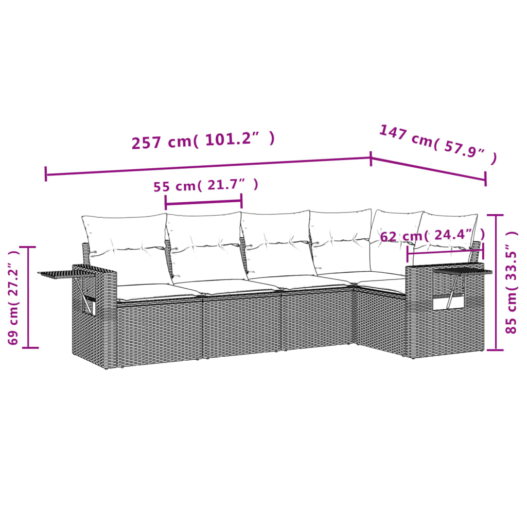 Set Divano Da Giardino 5pz Con Cuscini Grigio Chiaro Polyrattan