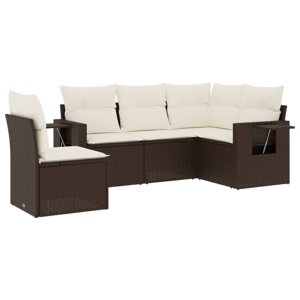 Set Divano Da Giardino 5 Pz Con Cuscini Marrone In Polyrattan