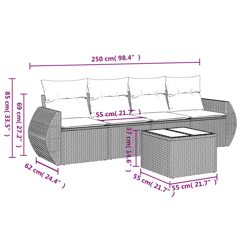 Set Divano Da Giardino 5pz Con Cuscini Grigio Chiaro Polyrattan