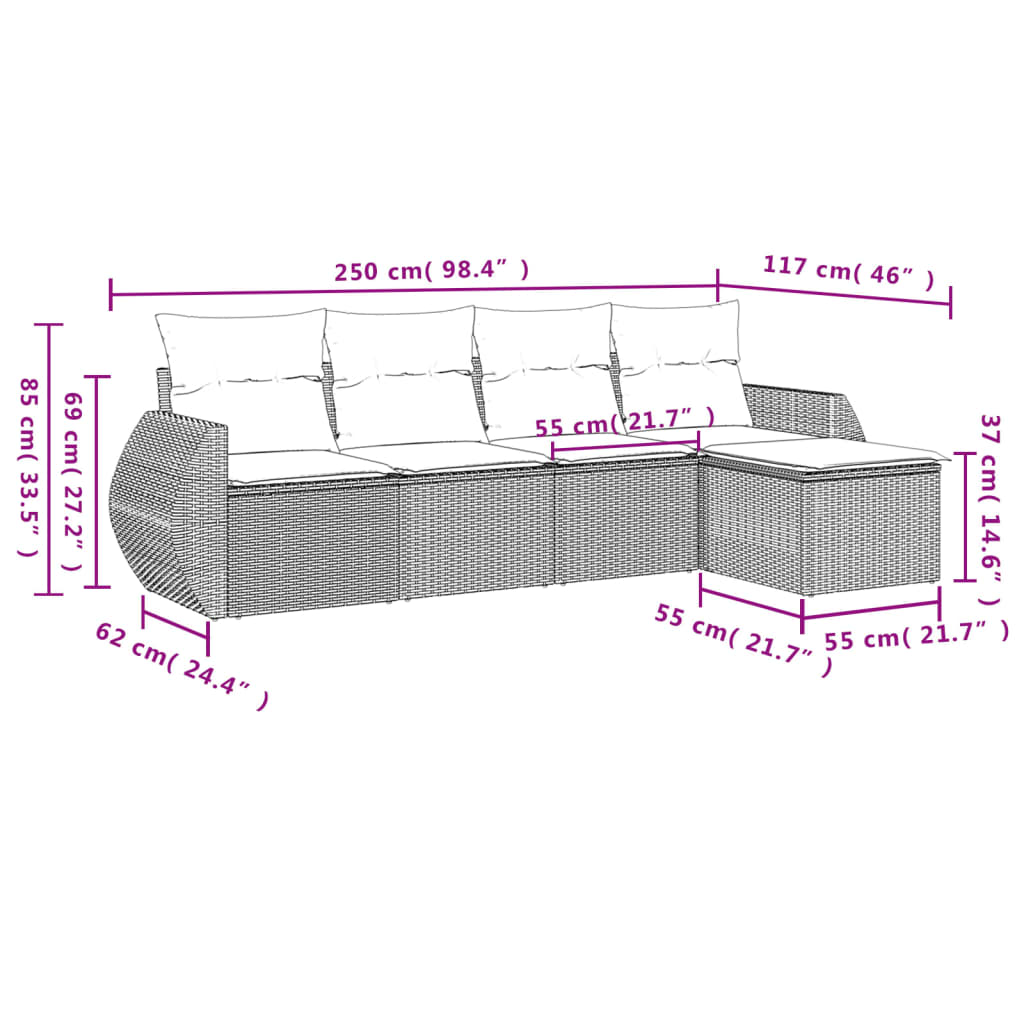 Set Divano Da Giardino 5 Pz Con Cuscini Grigio In Polyrattan