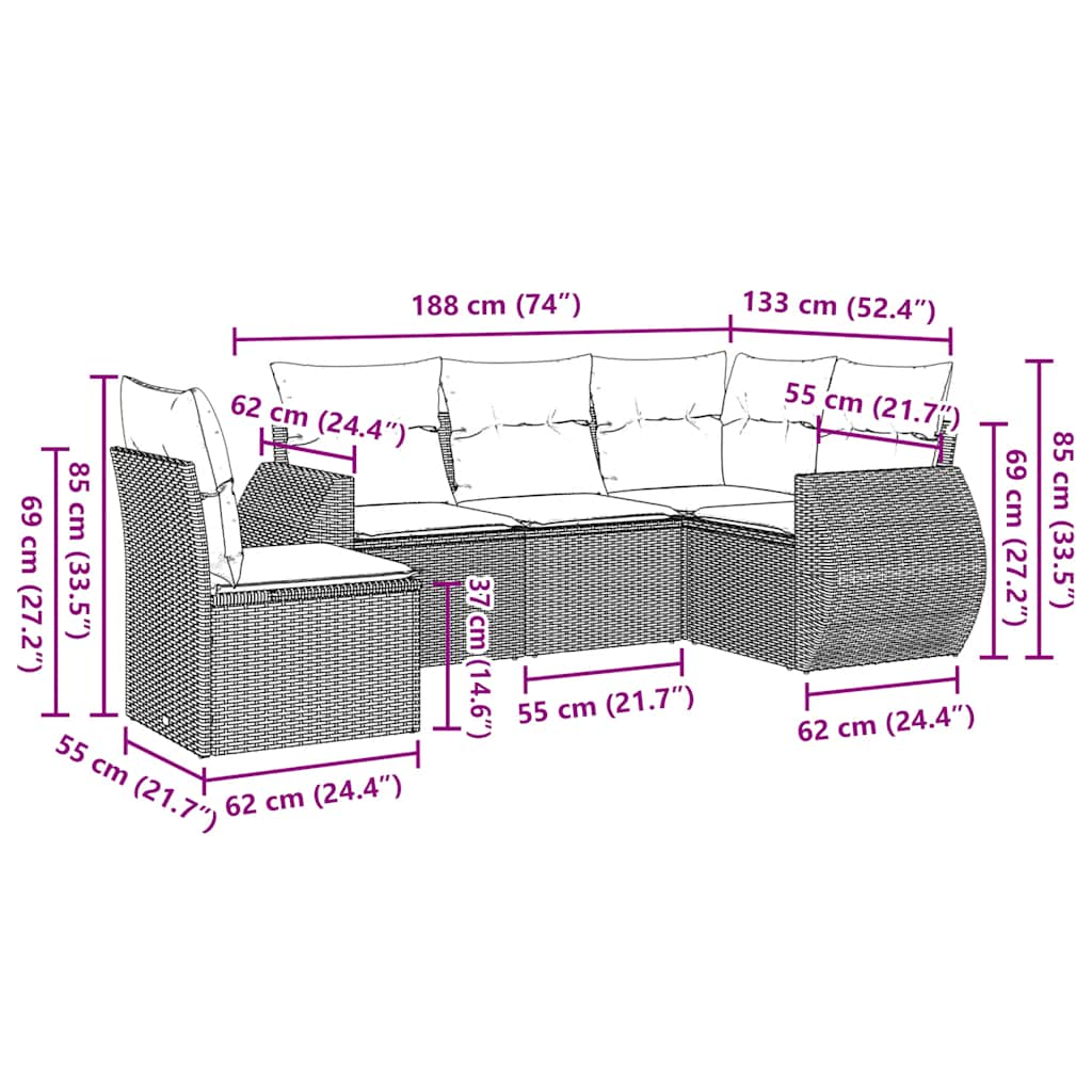 Set Divano Da Giardino 5pz Con Cuscini Grigio Chiaro Polyrattan