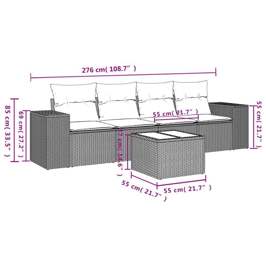 Set Divano Da Giardino 5 Pz Con Cuscini Grigio In Polyrattan