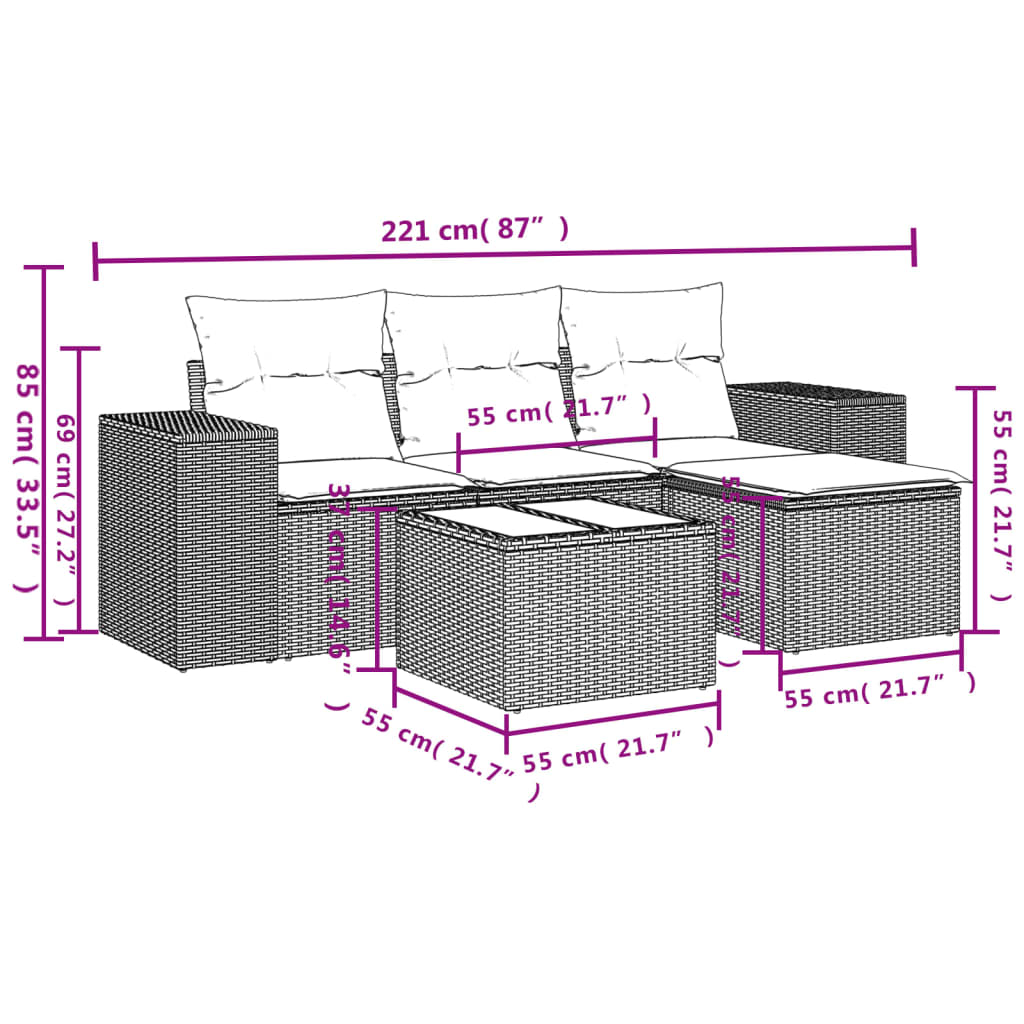 Set Divano Da Giardino 5 Pz Con Cuscini Grigio In Polyrattan